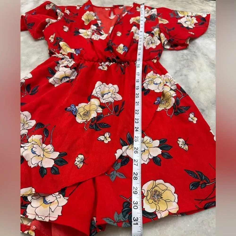 Red Floral Faux Wrap Skort Romper. Size Small